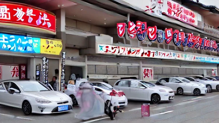 A Tesla's 'Model S Plaid' is racing at top speed, across the 'Nagashima Spa Land', in Kuwana, in Japan. CINEMATIC. WIDE ANGLE LENS.