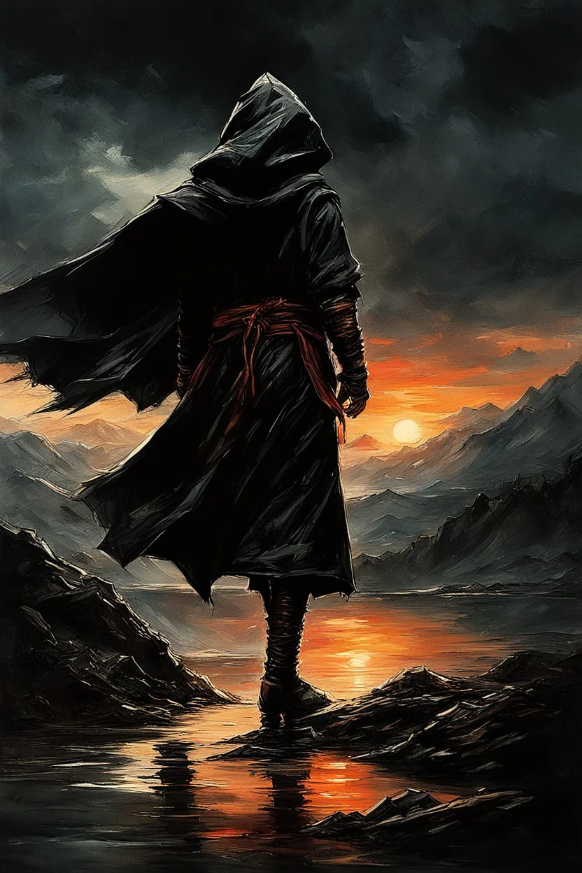 A formidable warrior-a 10-year-old boy in a black robe with a hood, on the background Amazing gloomy landscape, flooded with sunset, mountains, trees, fabulous scary hero, , juicy emotions, painting, dark fantasy, bad weather, gloomy day, dark world, by Raymond Swanland & Alyssa Monks & Anna Razumovskaya