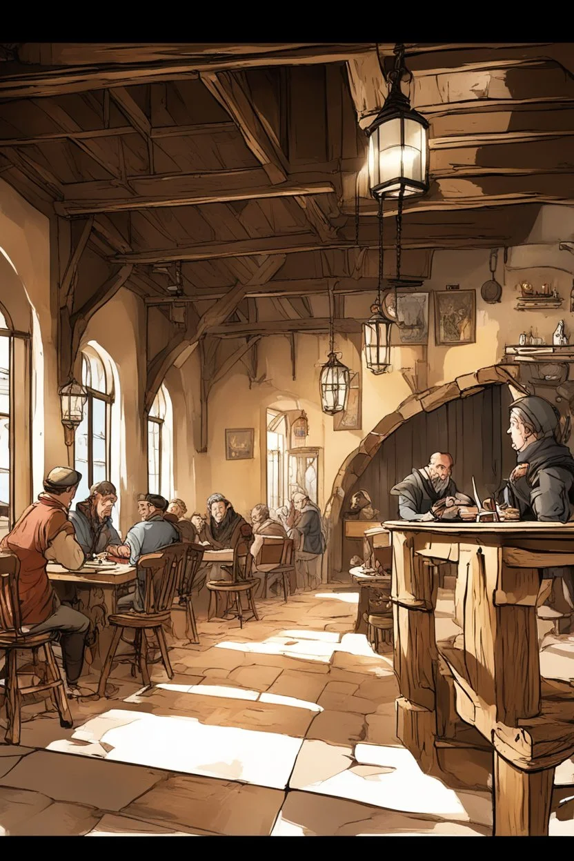 Lots of People sitting around tables in a medieval tavern with a stone floor, add people to the chairs