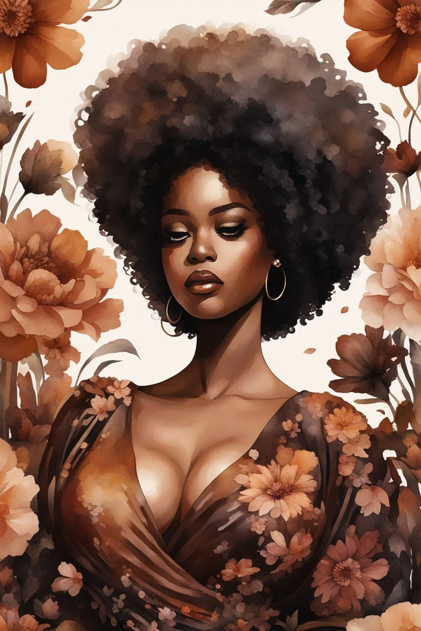 Create an watercolor image of a curvy black female wearing a brown off the shoudler blouse and she is looking down with Prominent makeup. Highly detailed tightly curly black afro. Background of large brown and black flowers surrounding her