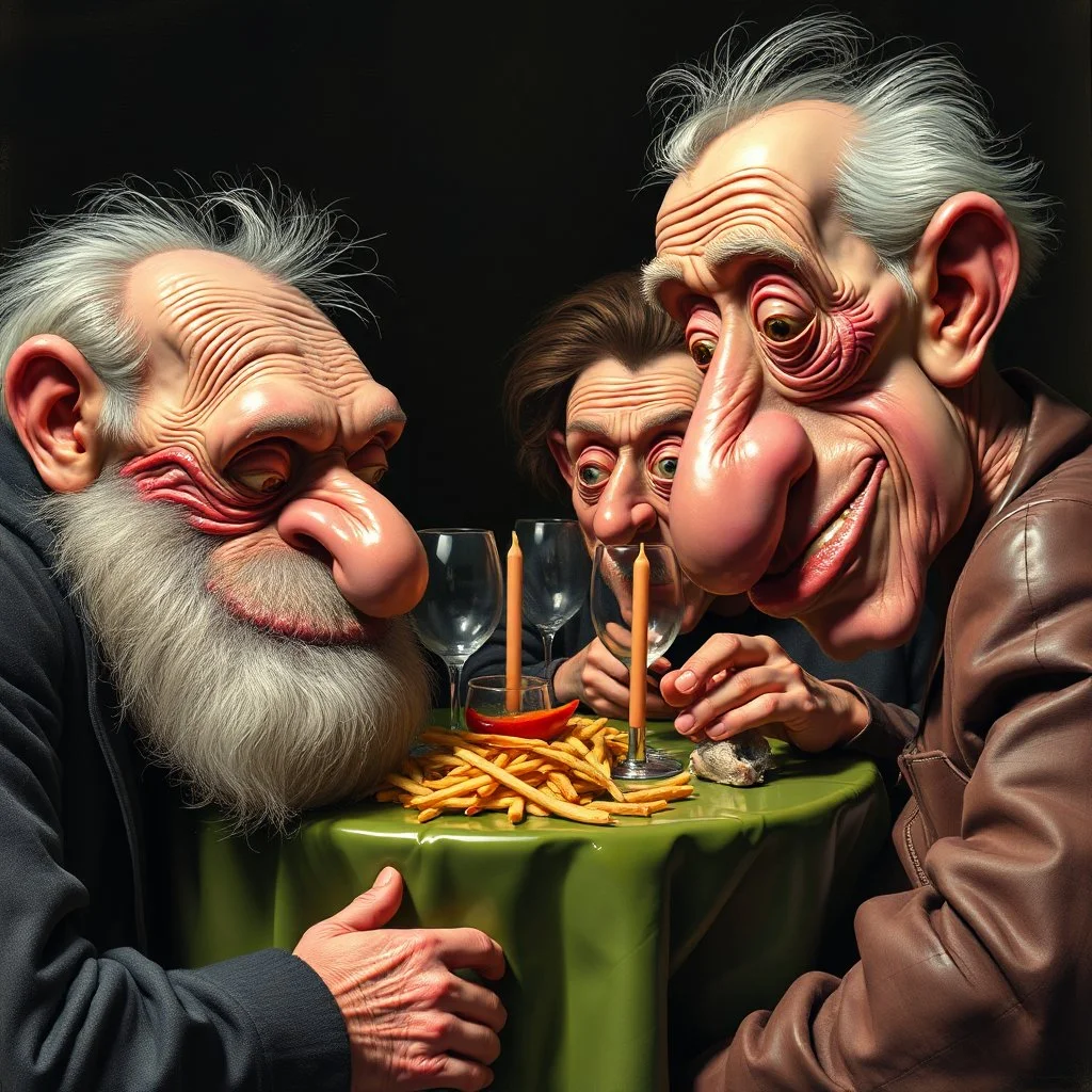 The oddest coagulation and mixture of friends, glossy finish, dine, details very accentuated, stunning style, oniric, Max Ernst, George Grosz, hyperphotography, kiuy, blatant, gross, caricature, very funny