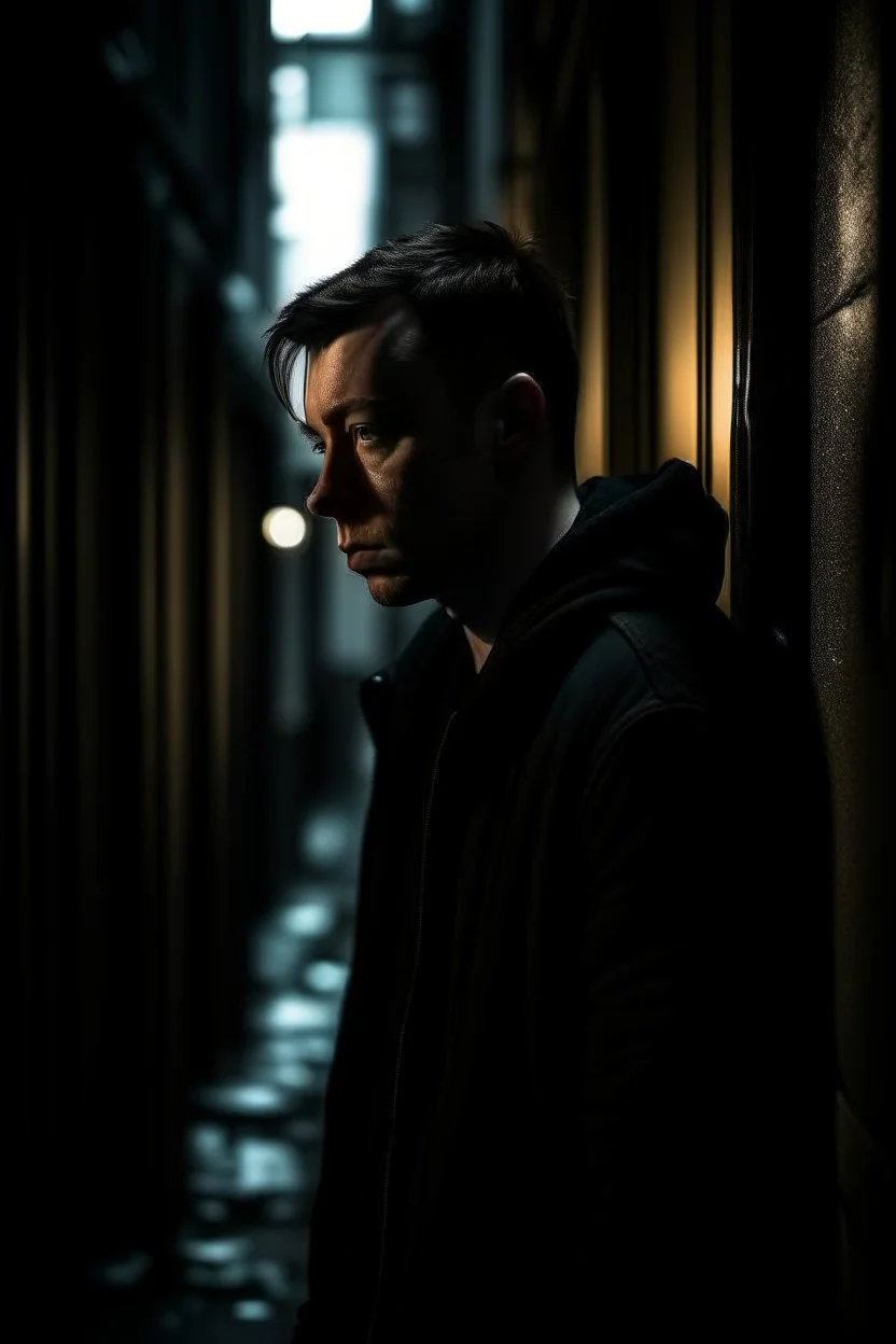 man in dark clothing, hiding around a corner., looking out on a brightly lit street