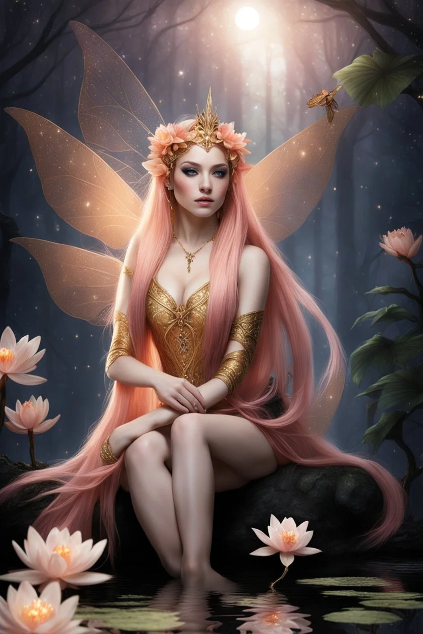 Peach hair , light peach hair, dark,night dark gold,gold,golden,rapunzel hair,dragonflies,water lilies, night,light,,butterflies,elven ears,dark fairy ,night sky,stars,princess,nymph,sparkle,glitter,orchids