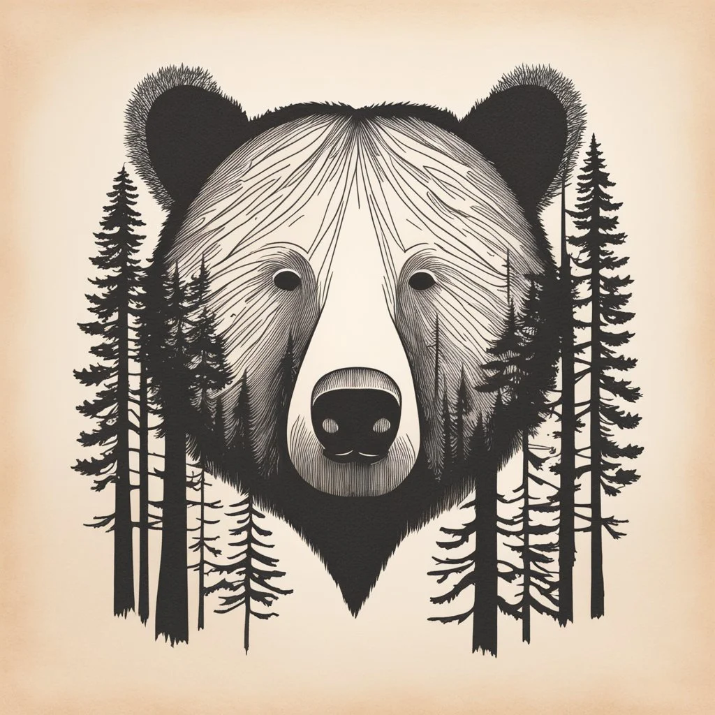 M shaped bear head combined with woods silhouette in background, letterpress style, minimalistic pencil art