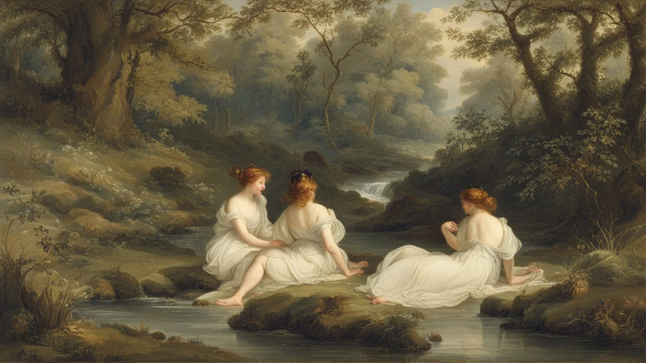 Nymphs sitting next to a stream, in a woodland clearing