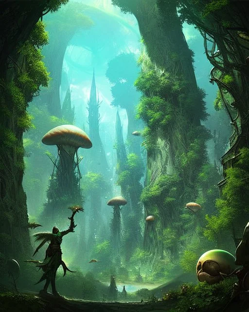 Forest of giant cannabis plants in a tropical setting, beautiful fantasy landscape, realistic and natural, cosmic sky, detailed full-color, nature, hd photography, fantasy by john stephens, galen rowell, david muench, james mccarthy, hirō isono, realistic surrealism, elements by nasa, magical, detailed, alien plants, gloss, hyperrealism