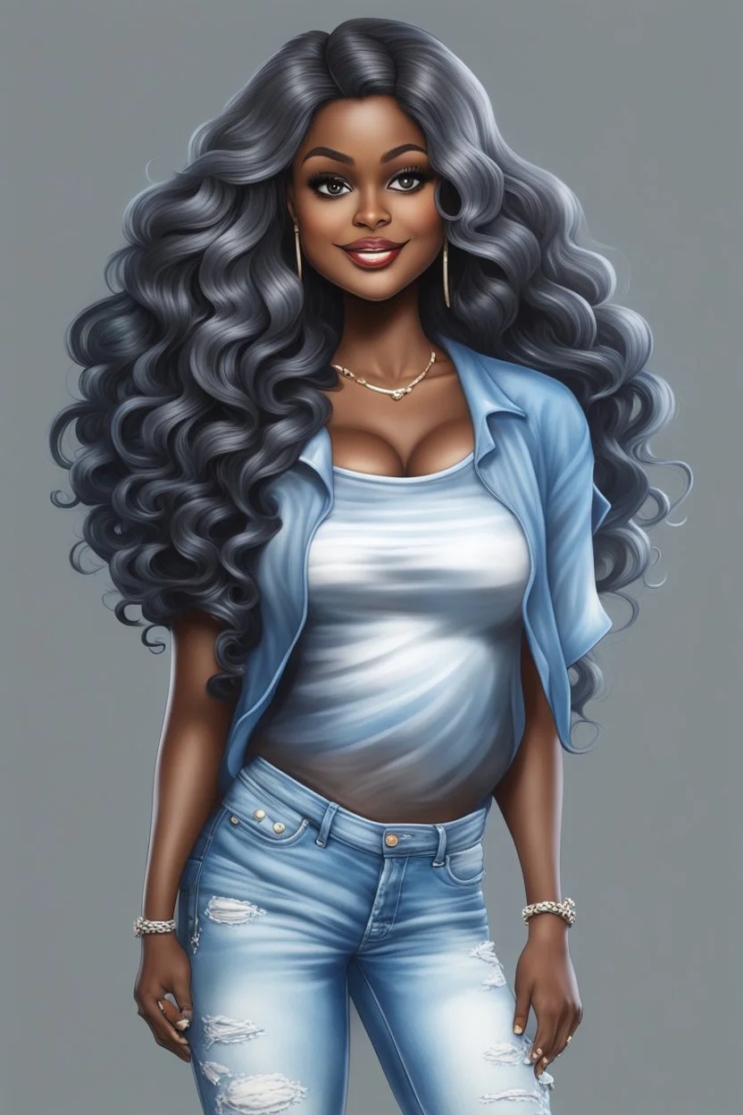 Create an airbrush cartoon image of a curvy black female wearing a light blue tie dye t-shirt with white cut up jeans. Prominent make up with hazel eyes. Highly detailed long wavy black and grey ombre hair flowing in the air.