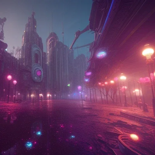 Alien bird post apocalyptic night city, pink, blue, gold, sunny atmosphere, amazing detail, realistic, flowers, 8K, cinematic lighting, unreal engine