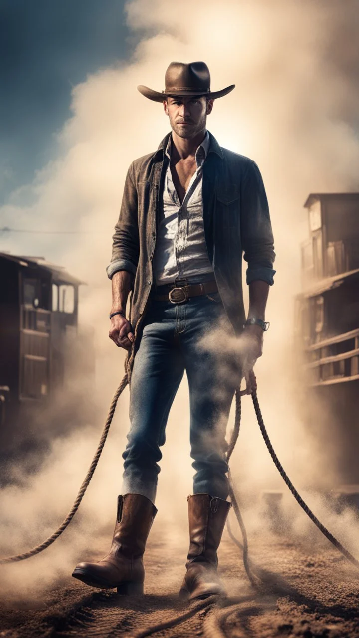 postcard portrait of towering man sexy cowboy with rope lasso and old boots by rail road with pick up ,hands in pockets, in dust cloud spotlight, magazine cover illustration with spray paint, signed, bokeh like, down-light, unreal engine, prize winning