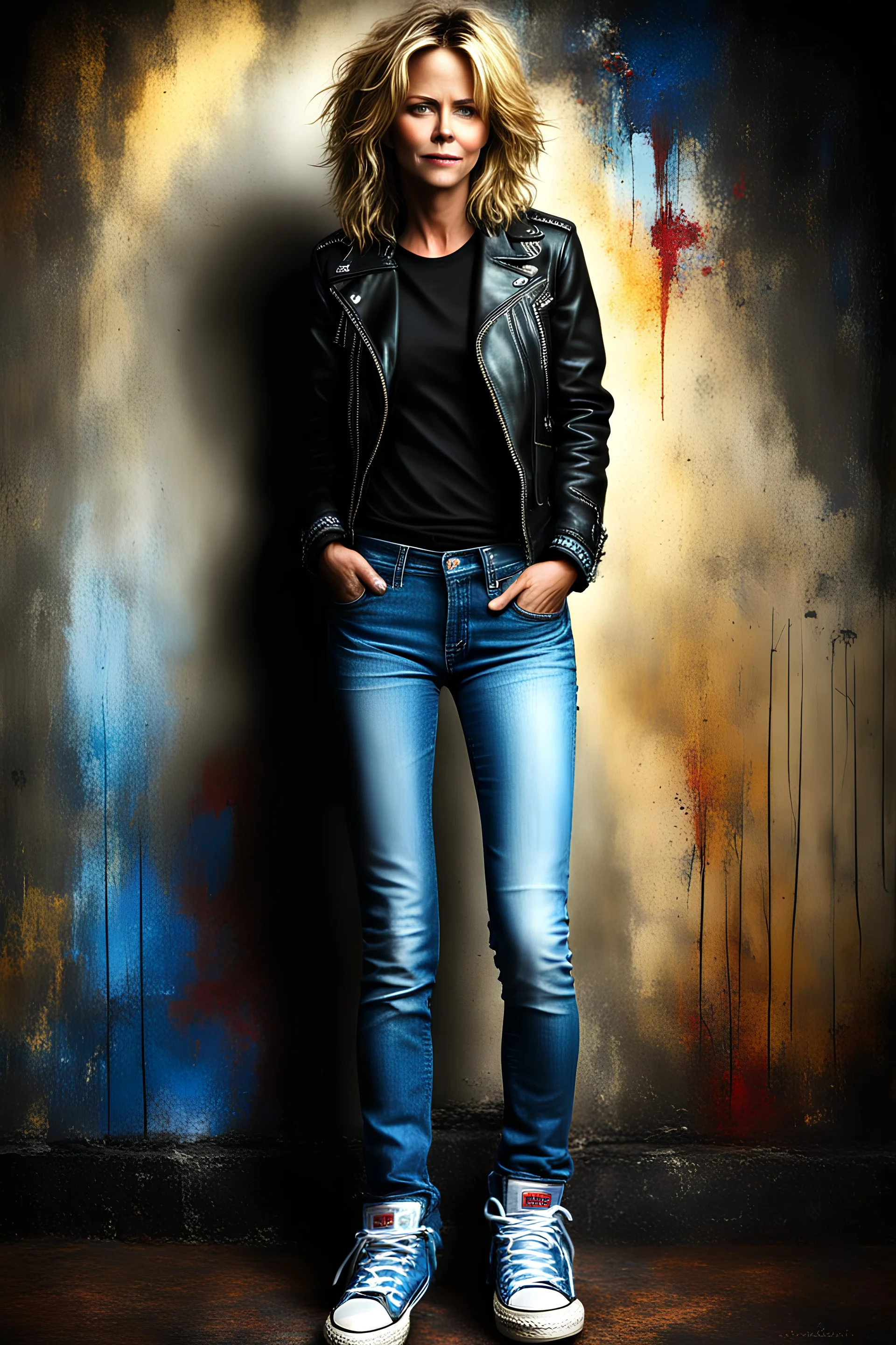 Full body Portrait - digital photograph, chiaroscuro, extremely colorful, vibrant, lifelike, 20th century masterpiece, rich deep colors, highly detailed portrait, beautiful, extremely gorgeous Meg Ryan wearing a black leather biker's jacket, a black "Iron Maiden" T-shirt, Blue Jeans, black Converse sneakers, absolute reality