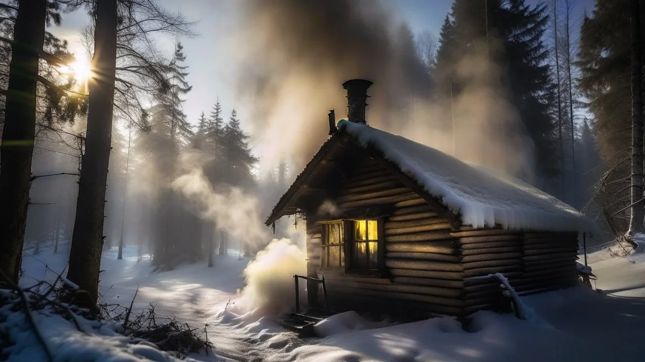 cabin in forest in winter light smoke from chimney