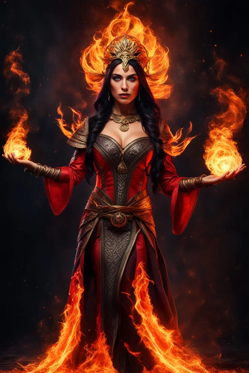 Tall 8K resolution image of a fire mage with an incredibly realistic face, resembling an actual person. Intense flames burst forth from her eyes, underscoring her mystical abilities. The photo emphasizes her face and upper body, adorned in arcane garments, with fire dancing over her and her untamed black hair.