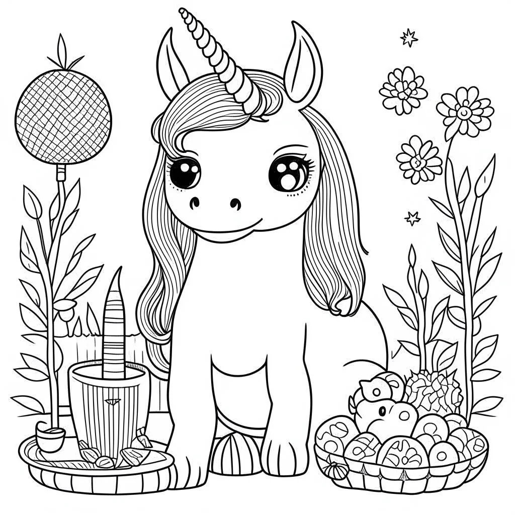 coloring page, cute unicorn, Unicorn Picnic, full view, realistic face, only draw lines, coloring book, clean line art, –no sketch, color, –ar 3:4, white background, minimalistic black lines, minimal black color, low level black colors, coloring page, avoid thick black colors, thin black line art, avoid colors, perfect shape, perfect clear lines,