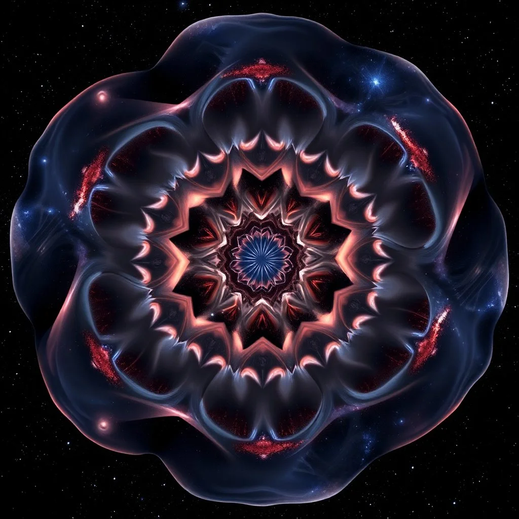 Mesmerizing abstract visual, 3d recursive Symmetrical structure of flowing translucent shapes, centered, soft aesthetic, negetive space.galaxsy background
