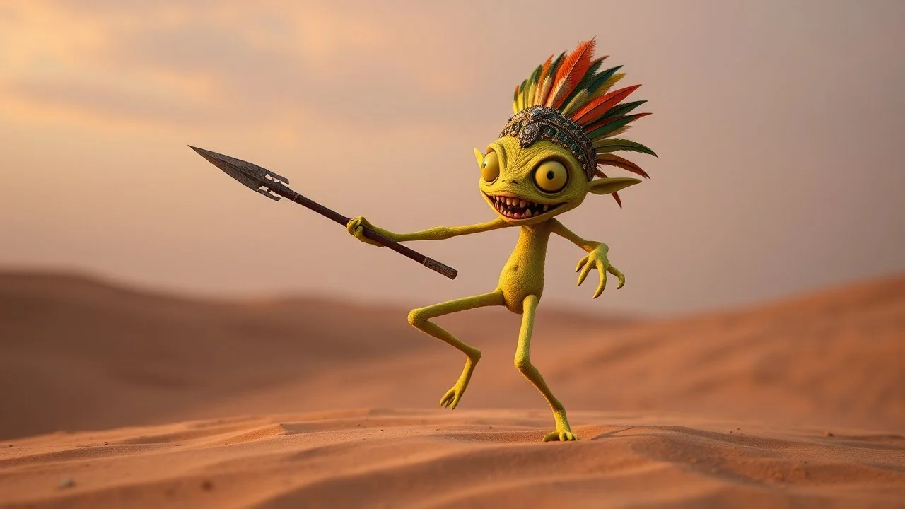 a funny crazy maniac little creature that dance in a desert, the creature is yellow and green, have big eyes and long legs, he likes to dance and jump with his spear, he ls little evil and likes to scream "Musta", and have a big mouth sharp teeth, small penis, tribal look, head dress with feathers