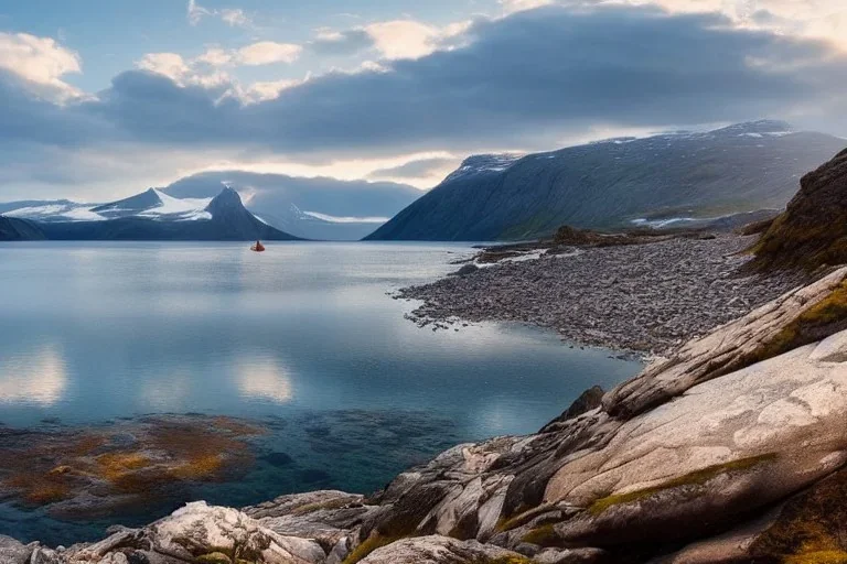 highly detailed glacial lake landscape, sunset, cinematic lighting, 4k, 8k, octane render, popular on 500px, pinterest, extremely detailed, ambient lighting, single frame, small fiberglass yellow solo symmetrical sea kayak on rock pebble beach in foreground, norway, iceland, fjord