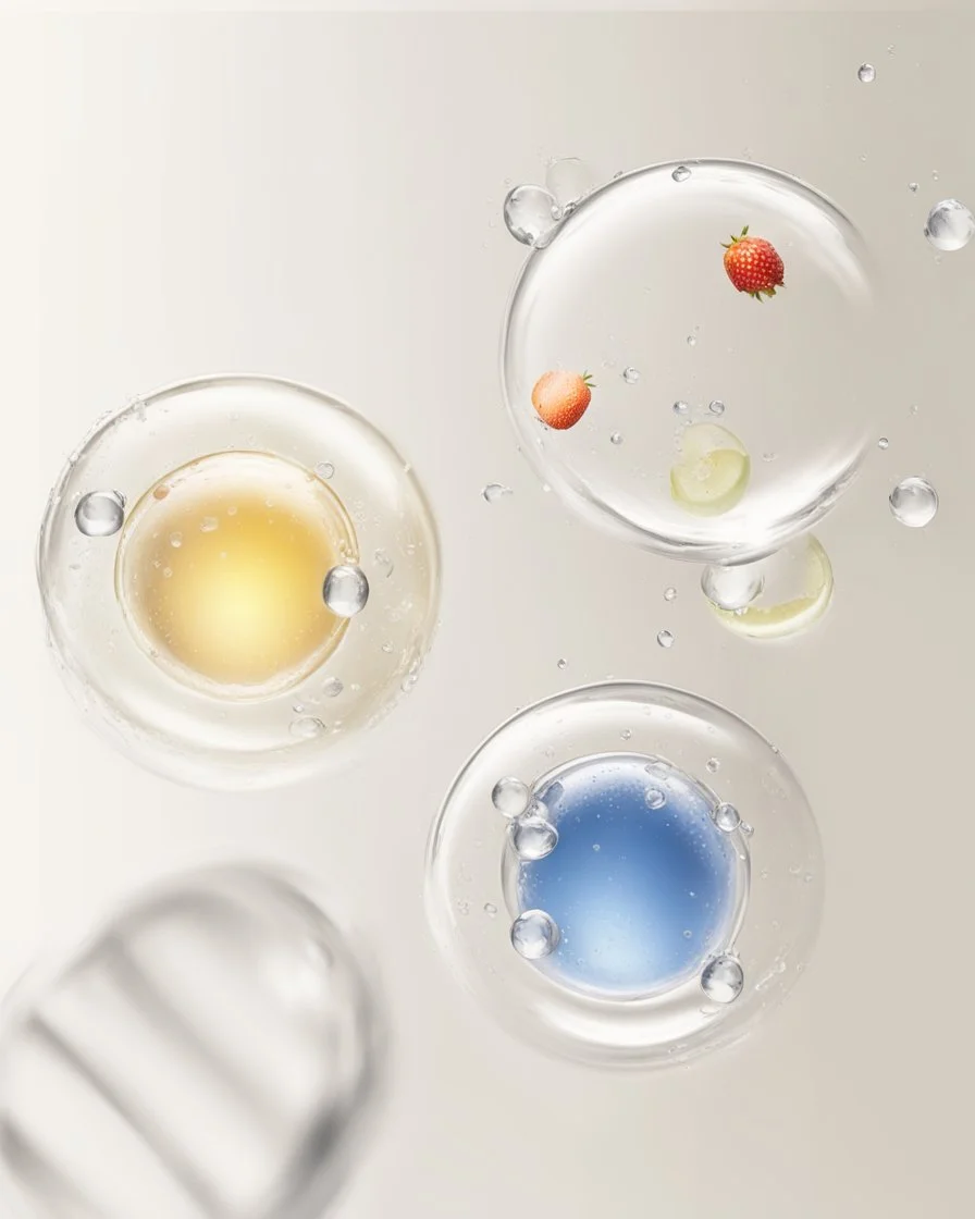 strawberry, orange, apple in water drops, transparent background