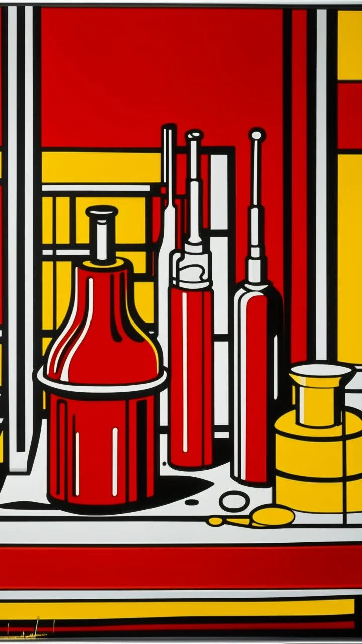 An orangish red laboratory with vials painted by Roy Lichtenstein