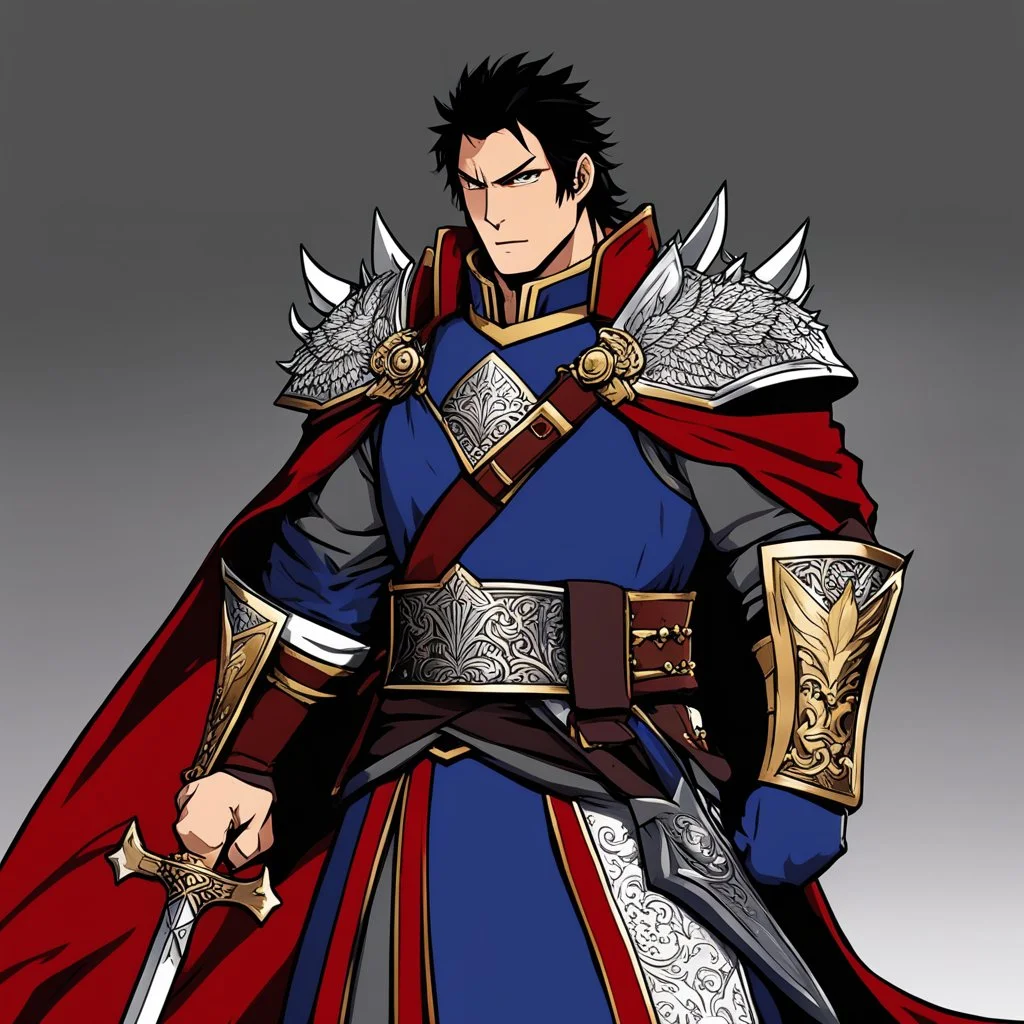 [wii No More Heroes style with thick lines] Last of the Dragon-Blooded kings, Uther rose as a Romano-British warlord during the age of collapse. He bore the standard of the red dragon—symbol of fire, war, and conquest—and ruled with iron will and brutal charisma. Desperate to secure his legacy, he bargained with Merlin for power, deceived Igraine, and sired a son in secret: Arthur. Though mighty in battle, Uther’s pride and ambiti