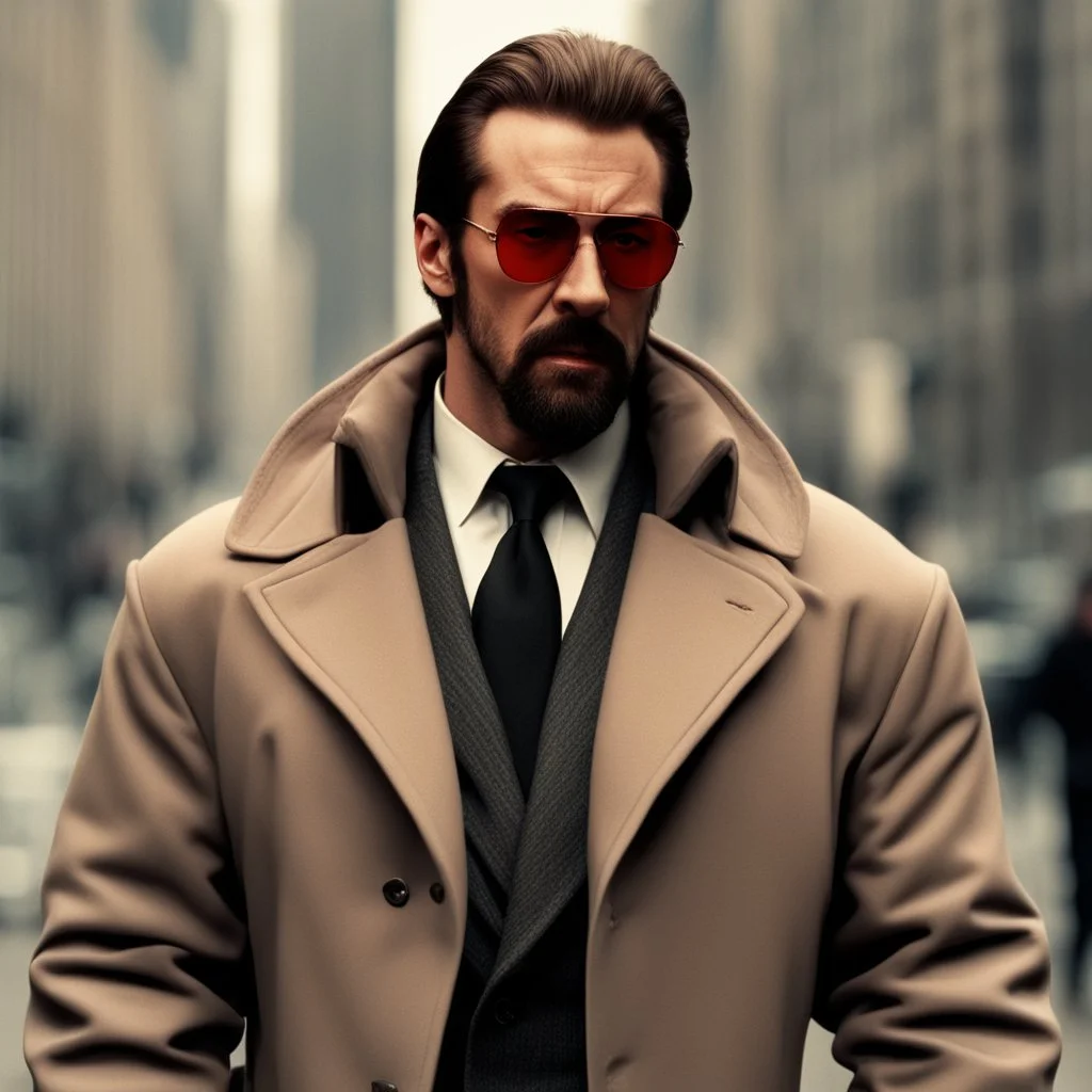 a young man with big muscles who looks like hans gruber wearing a heavy coat and red sunglasses staring with an angry look on his face