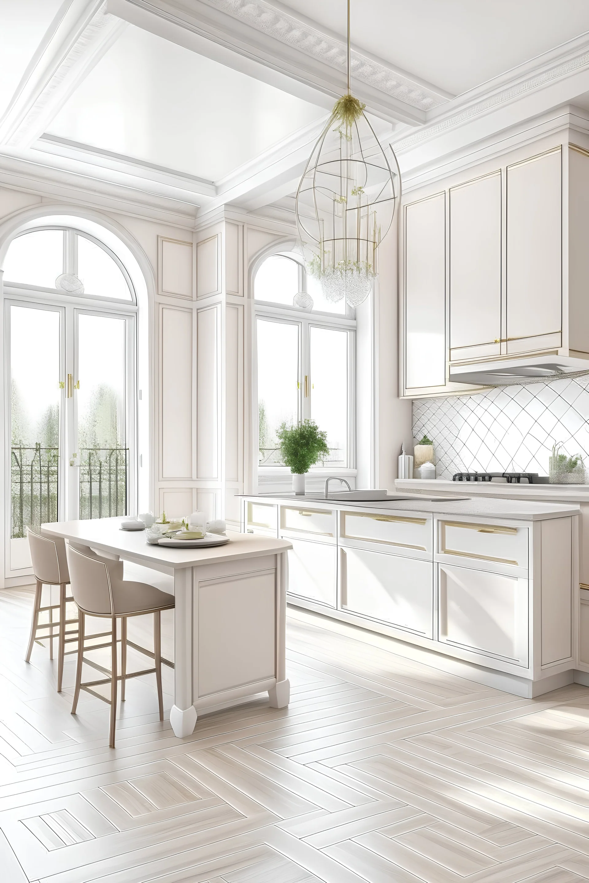 Design the interior decoration of a kitchen room with a lot of natural light and modern with a light color theme in french style