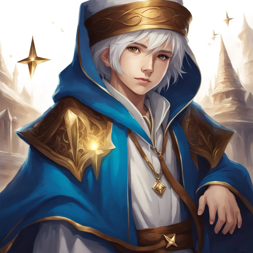 Fantasy World, A boy only wearing a closed wizards robe, and wearing a wizards hat. White Hair. Golden Eyes