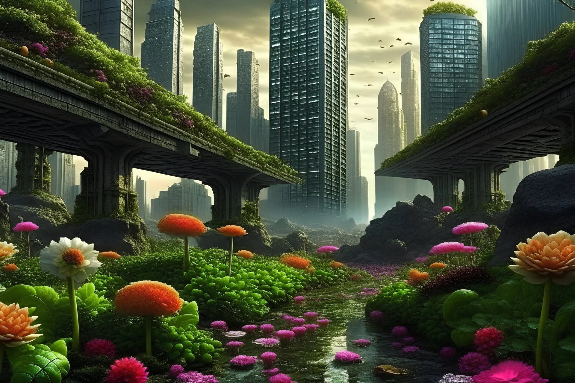 city, sci-fi, flowers, rocks, johnny mnemonic influence