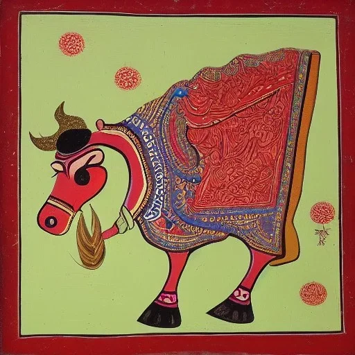 magical cow with hands and wings in Indian painting style