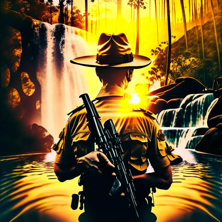 Double exposure shot of a forest ranger wearing an Australian hat and holding a shotgun against a background of a waterfall, forest and trunks floating in a river at sunset, 24K