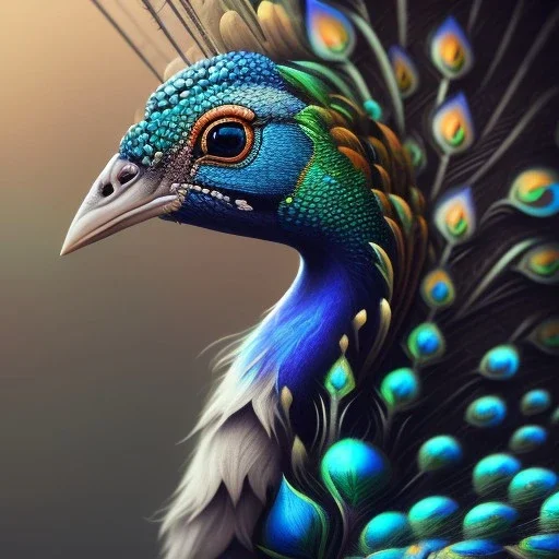 peacock face,surreal, Unreal Engine 5, lens macro,sharp focus, realistic, hyper detailed, studio lighting