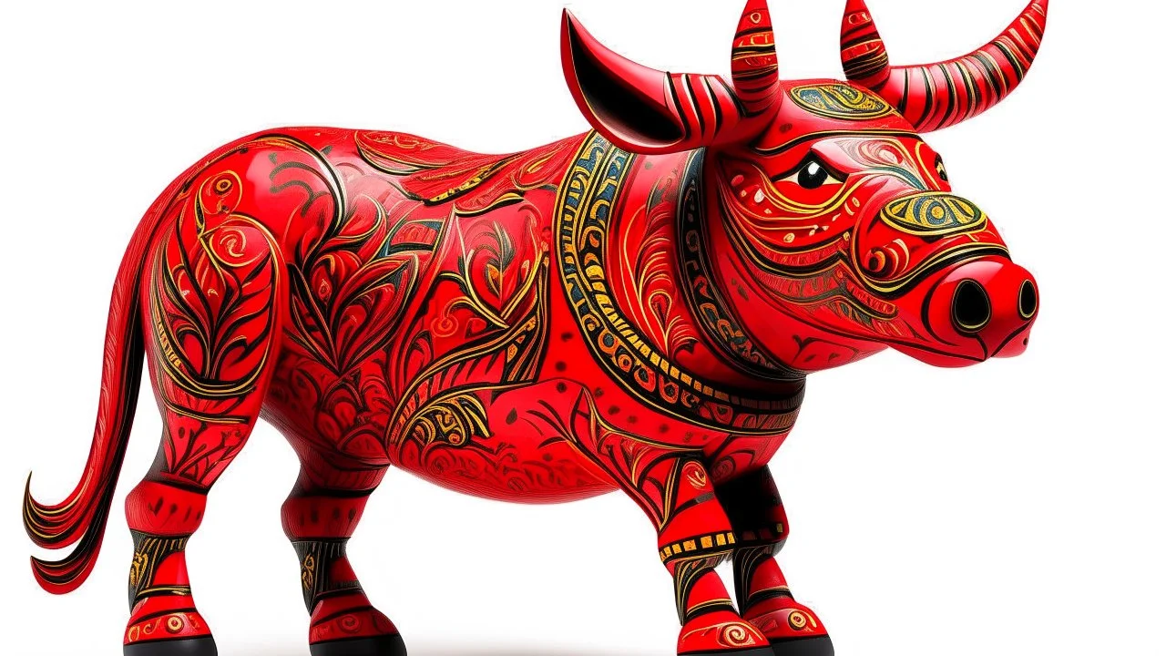 A red fire elemental rhinoceros designed in Oaxacan alebrijes painted by Giovanni Battista Sassi