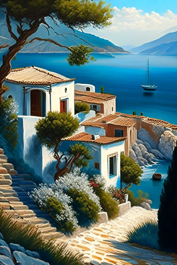 Greece landscape, painting, detailed