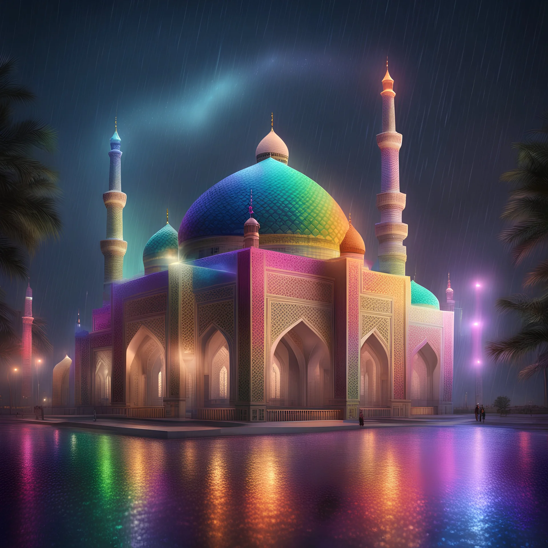 Hyper Realistic rainbow textured Mosque at beautiful rainy night with decorative lights