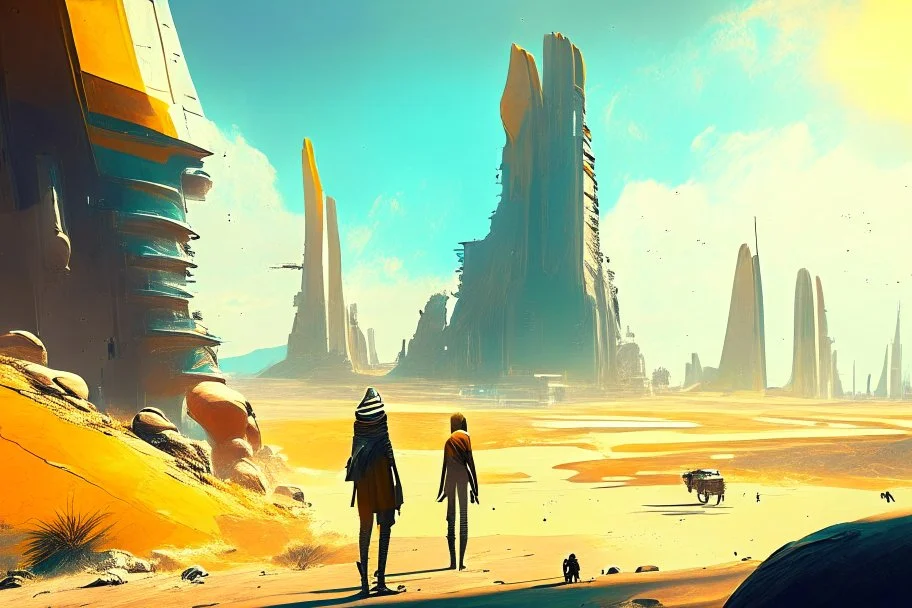 Sunny day, people near the, rocks seeing a distant modern city, sci-fi