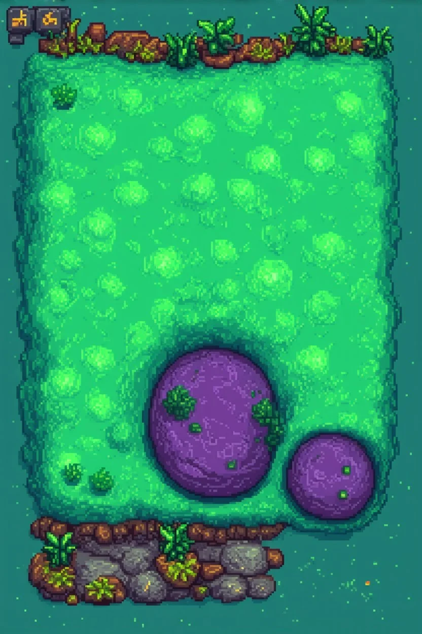 pixel art top down view planet surface in 2d game, detailed level, mint green terrain, violet earth with plants and rocks, multiple walkable layers