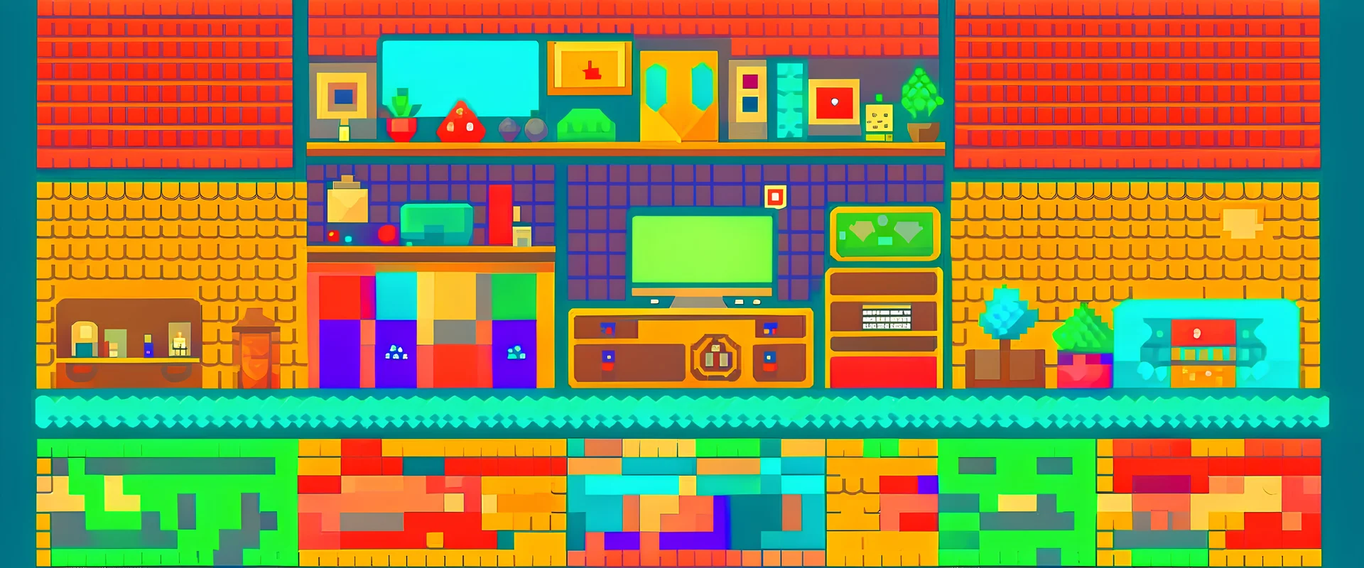 "Create 50 seamless flat 64x64 pixel textures connected with a pixelated style a inside home."