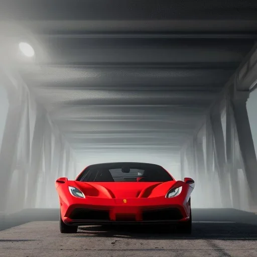 ferrari 488 under a bridge in heavy fog