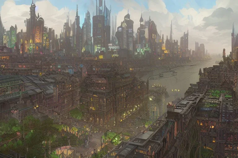 Gotham city Bar and garden on High Bridges across Skyscraper river+Gothic city+European Metropolis on sea+naples alley+Torino square+trieste canals+victorian London+decòpunk Skyscraper+ +steampunk+biopunk+alphonse mucha, greg rutkowski, matte painting, cryengine, hyper detailed, felix kelly, fantasy art, seb mckinnon