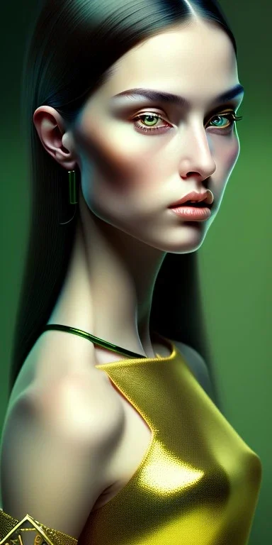 portrait of a beautiful symmetric female woman with black hair, golden rule ratio, green eyes, high quality render in the style of Norman Rockwell