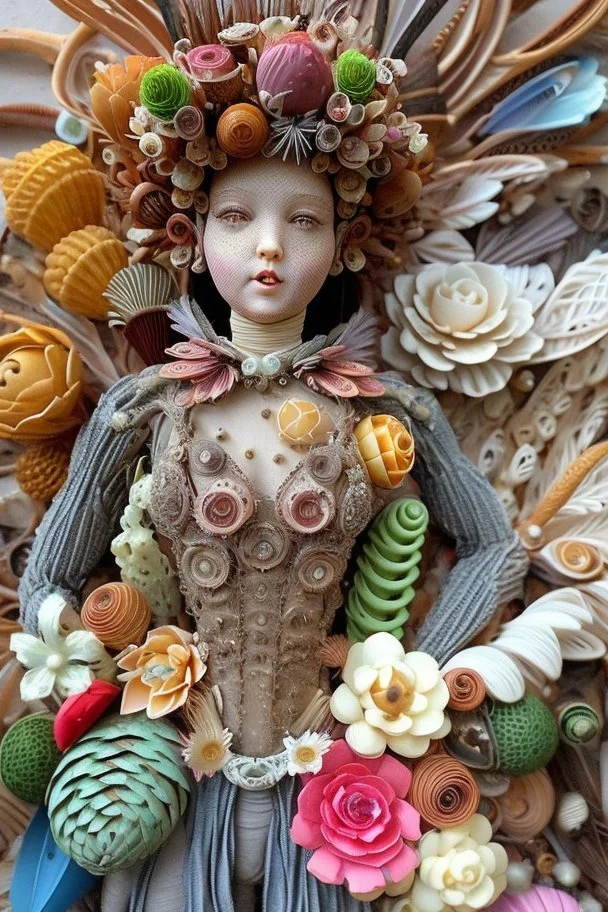 'Doll Parts" depicts a statue at Burning Man consisting of mismatched doll parts decorated with intricately detailed quilling consisting of flowers, foliage, feathers, shells, fossils, wood, pinecones, and gemstones; surrealism; Salvador Dali; Mixed media, quilling, rapturous, award-winning, intricate, insanely detailed, elegant, fantasy