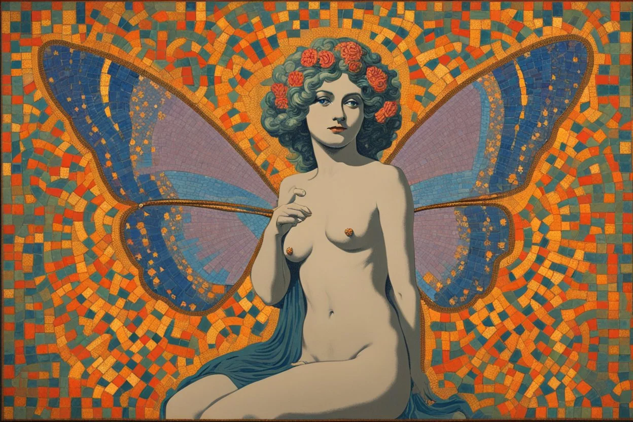 colorful psychedelic painting of ancient god psyche depicted in ancient mosaic art as a butterfly-winged woman by andy warhol