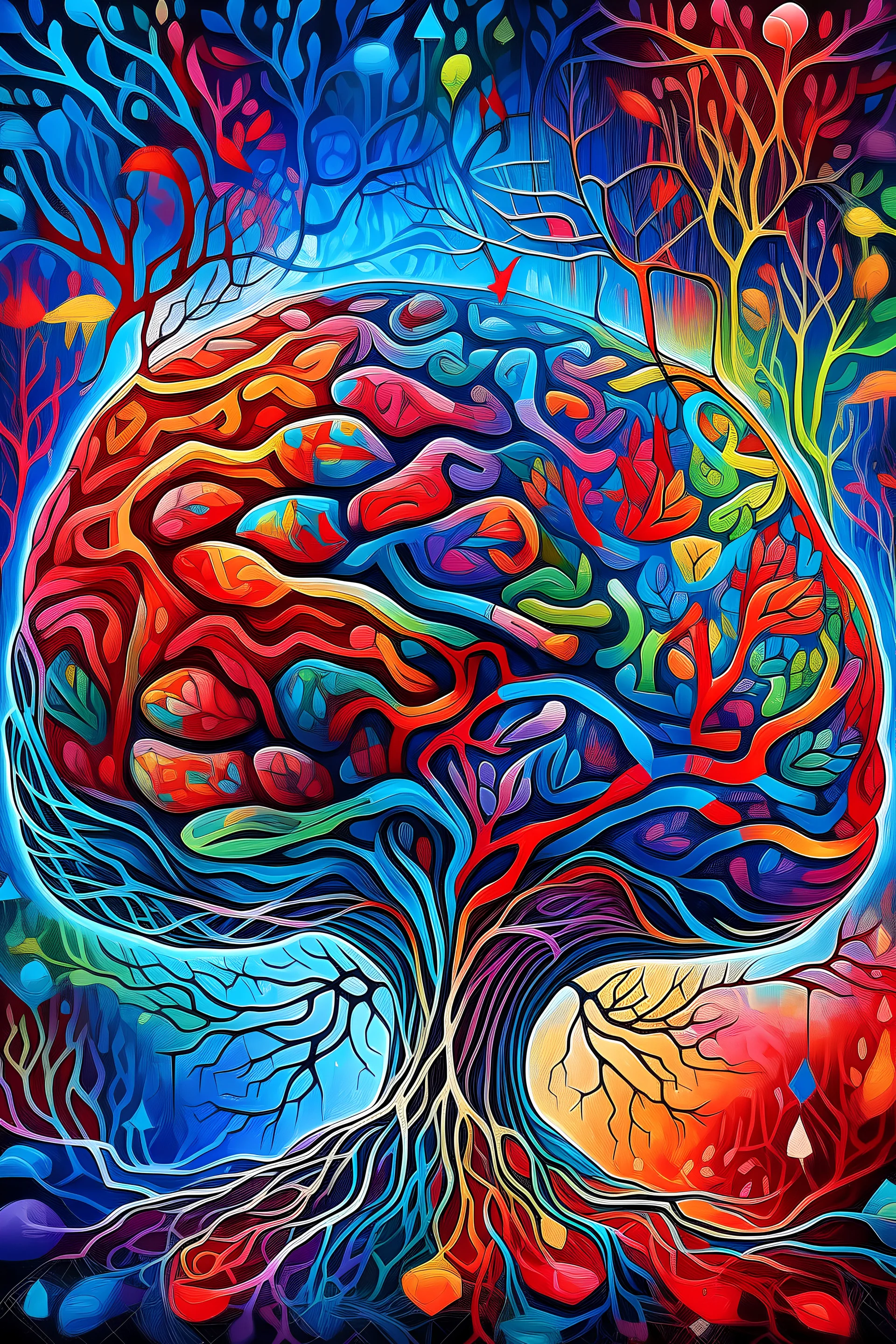 a surreal and artistic representation of a human brain. The right side of the brain, reveals an intricate inner world. Inside, there are vibrant elements such as colorful nature and space and radiant lights. The other half of the brains shows a new dimension . The overall composition creates an ethereal and fantastical atmosphere. It’s a captivating blend of organic shapes and geometric patterns, inviting viewers to explore the depths within the mind. 🌟🍄🌈 hight quality detailed vector art