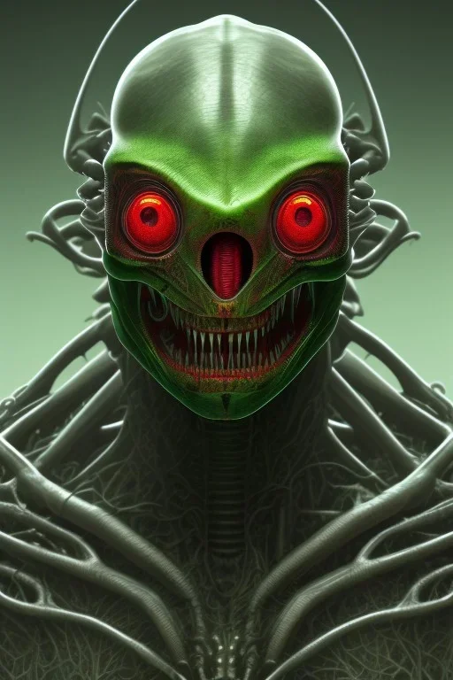 green alien, head, evil, red eyes, big silver teeth, weapons, blood, 8k, finely detailed, photo realistic, HR Giger style