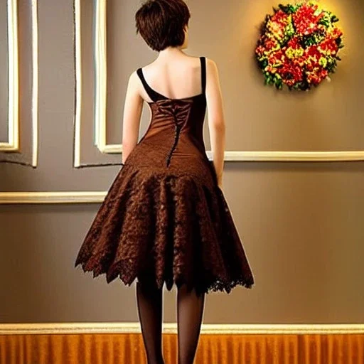 realistic photo 17-year-old boy Russian guy short male hairstyle short brown hair shorthair guy in women's cocktail dress that fit wide hips and lace tights beautiful cleavage big ass high heels delicate graceful with a very thin waist delicate thin very elegant with a very thin waist in lace stockings with heels in the restaurant new year