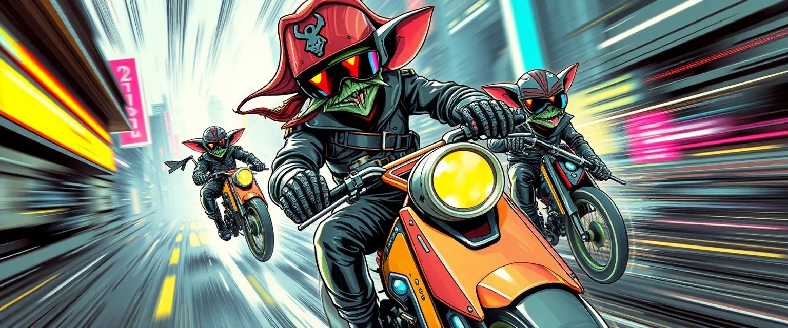 robotic ai pirate ninja nepotism in the style of fallout 4 hi speed rocket ship on leaning scooter in a swing, coated rat gremlin captain in high speed pursuit among neon spy vs spy rat cyber soldiers, with background motion blur, airbrush and pen outline, in the style of Fallout 4 and Cyberpunk and GTA5, huge sun glasses with mirror reflection, tounge out