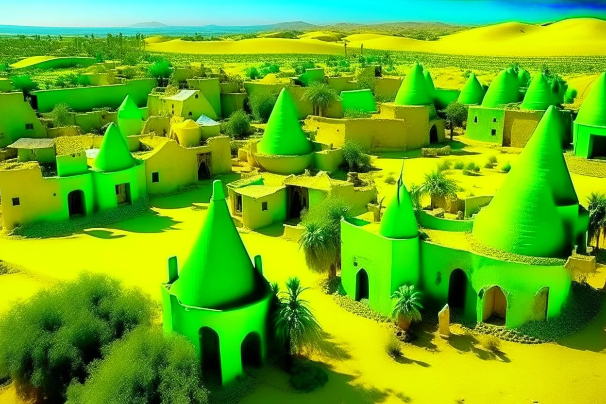 A lime green village with windmills designed in ancient Egyptian hieroglyphics painted by Vincent van Gogh