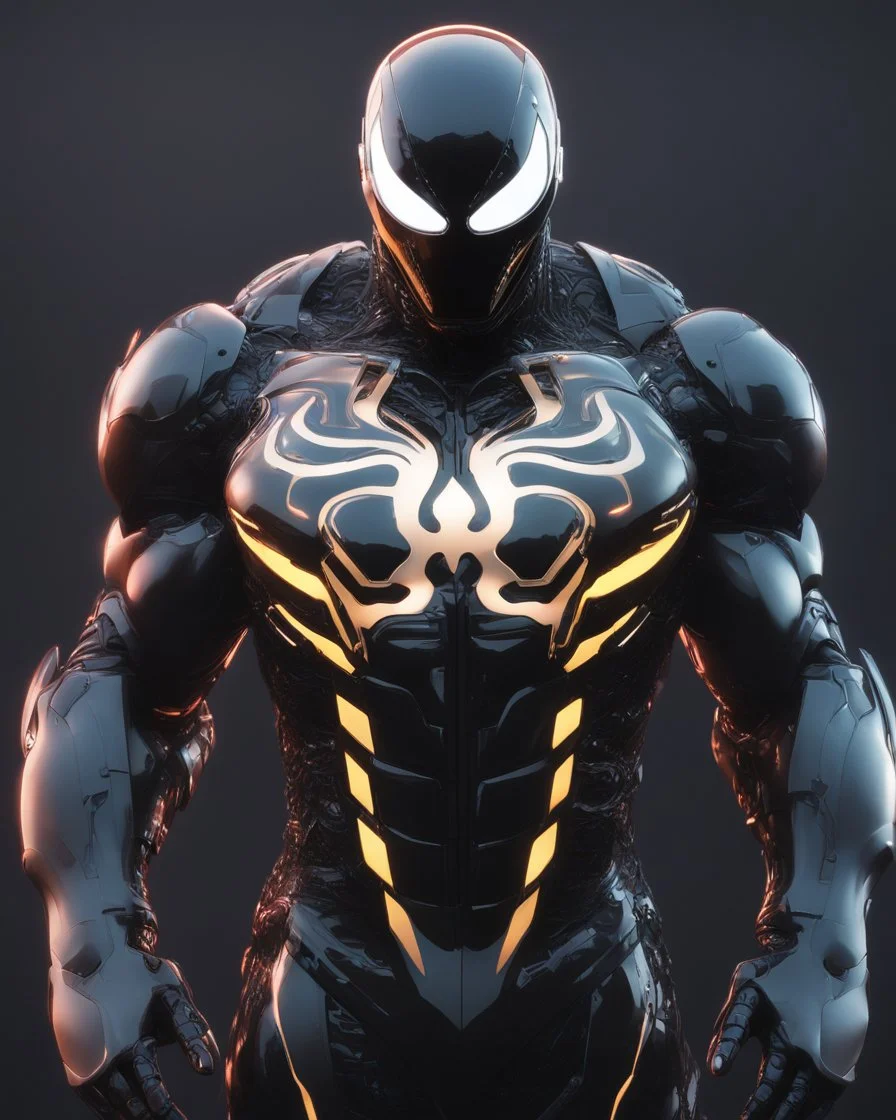 A detailed raw photo of the Venom black Cyborg made entirely of luminescent and translucent liquid materials, bathed in cinematic light. You can see all the inside of his body, with two Daft Punk-style, realistic elements, captured in infinite ultra-high-definition image quality and rendering