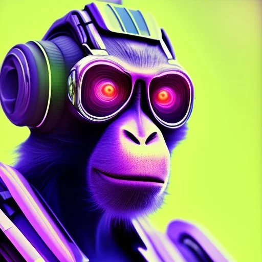 A beautiful portrait of a cyborg monkey purple neon color scheme, high key lighting, volumetric light high details psychedelic background