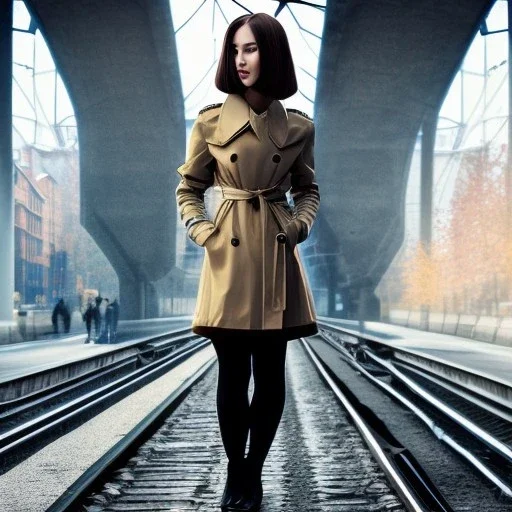 A young woman with short hair and a black trench coat longingly waiting for her lover at a train station in Munich