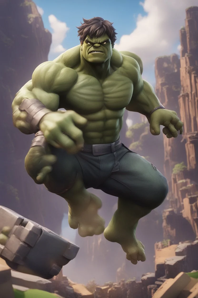 Create a picture of hulk falling from the skye to a pit animated like fortnite